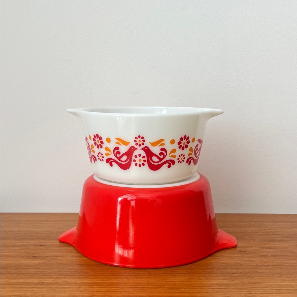 Vintage Pyrex White and Red Floral Bowls